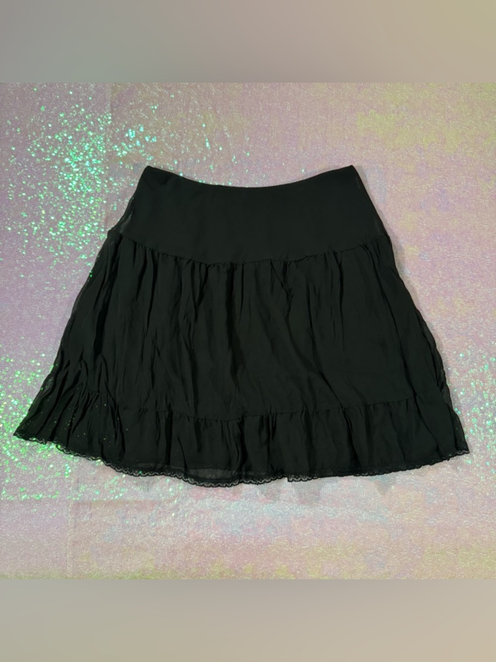 Black Mesh & Lace Flowy Mini Skirt (S) ★彡